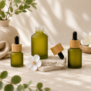 Frosted Green Glass Dropper Bottle with Bamboo Style Cap